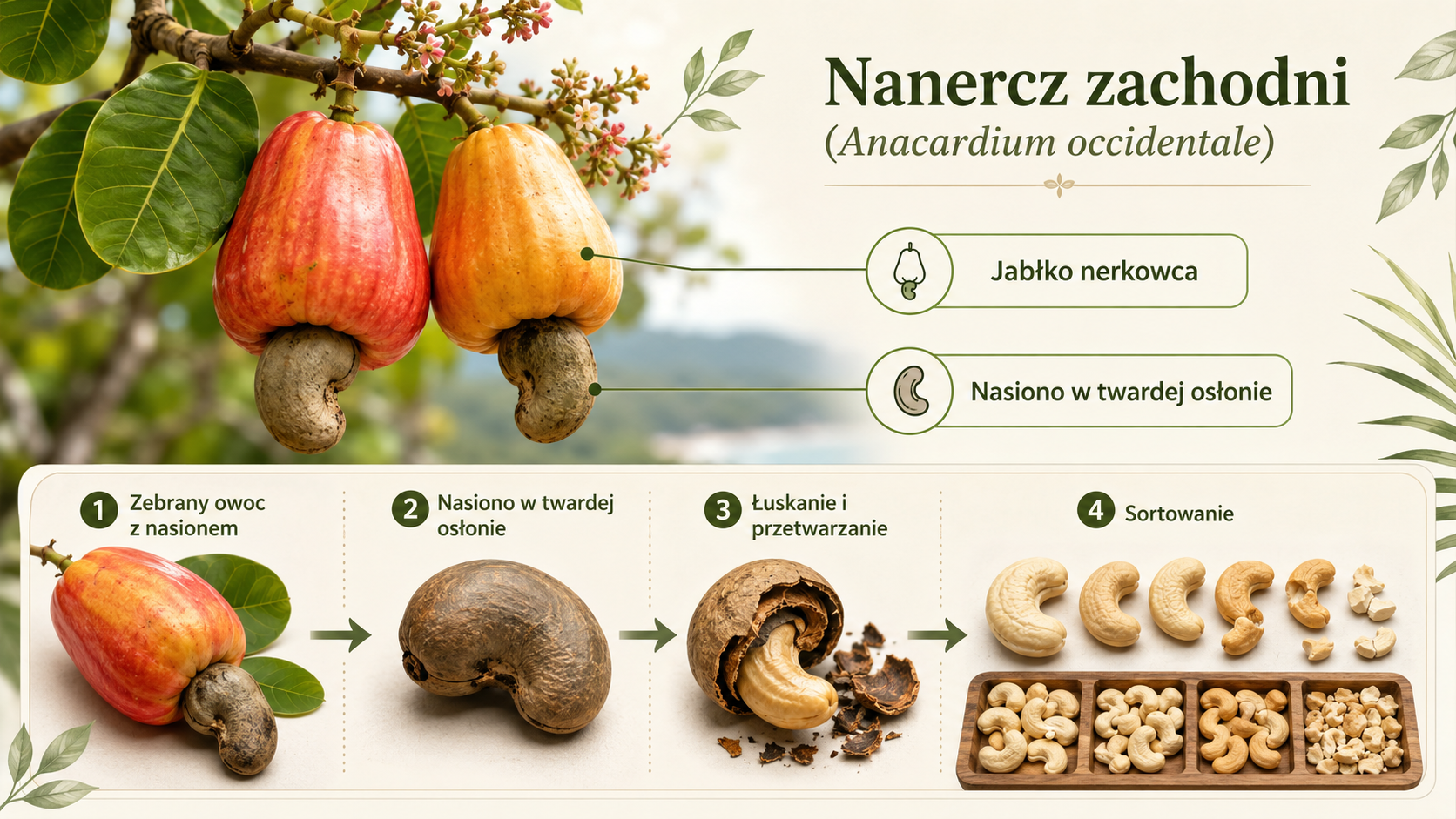 Grafika prezentująca jak rosną orzechy nerkowca - jabłko nerkowca, nasiono w łupinie, łuskanie i sortowanie orzechów